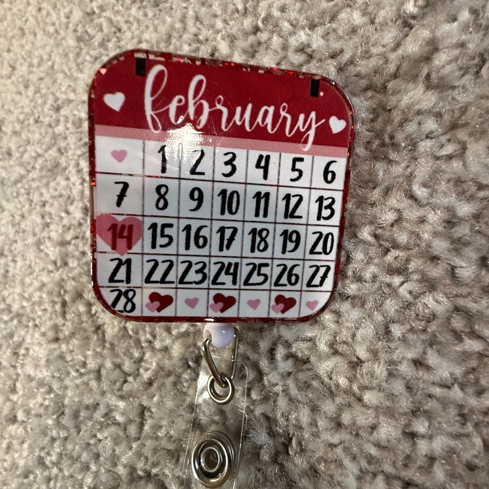 Red February Calendar Badge Reel Lanyard Valentine’s Day Theme Cute ID Holder